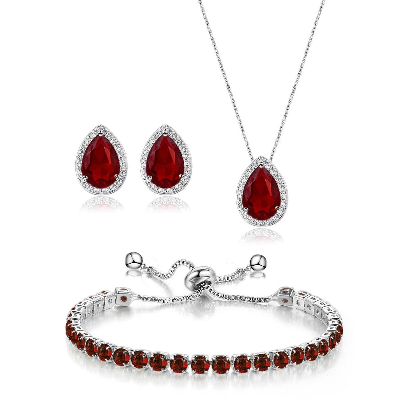 UDYLGOON Teardrop CZ Bridal Jewelry Set Imitation Diamond Earrings Necklace Bracelet for Bride Bridesmaids Wedding Prom Party (Tennis-Red)