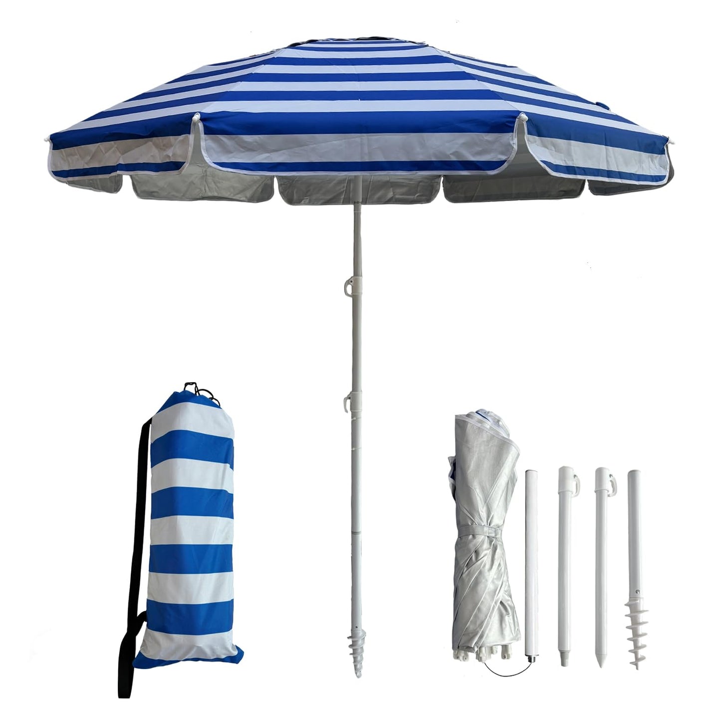 LOTTAFUN 6ft Beach Umbrella - Heavy Duty Wind Resistant UV 50+ Portable Sun Shade with Sand Anchor & Carry Bag, Outdoor Folding Umbrella for Beach, Pool, Patio, Garden (Blue strip) No Tilt