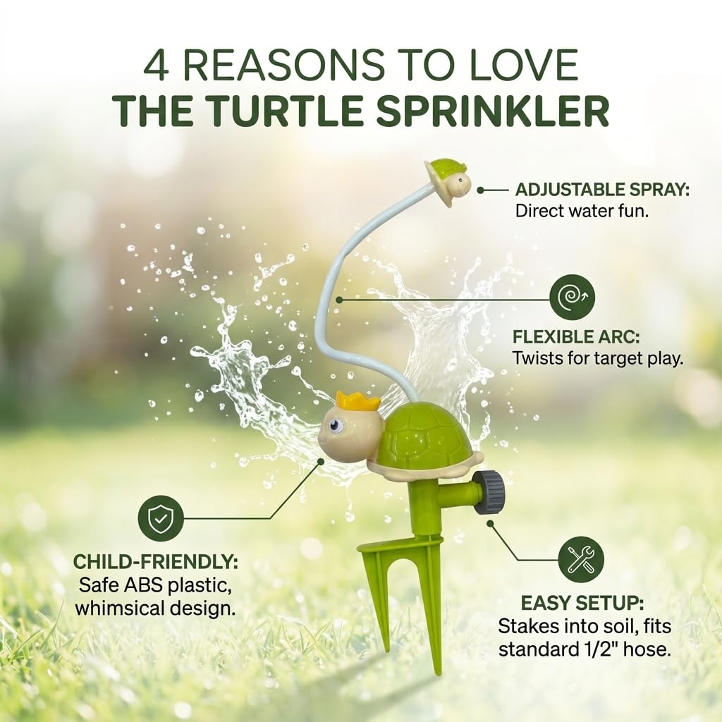 Blidinner Spinning Green Turtle Kids Sprinkler Toy - Outdoor Summer Toys Splashing Fun, Sprays Up to 8ft High, Attaches to Garden Hose, Kids Sprinklers for Yard, Ideal for Boys Girls Ages1-3 3-5 4-8