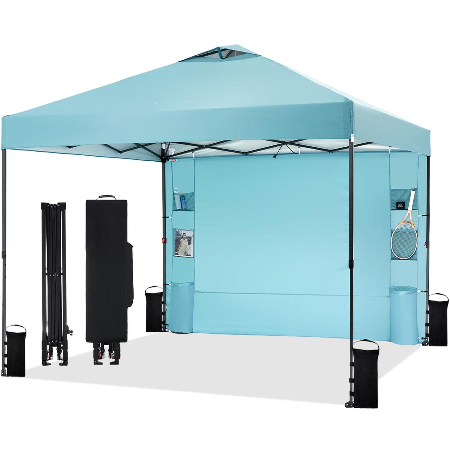 Tunbne 10'x10' Pop Up Canopy Tent with 1 Sidewall and 6 Pockets, One Push Setup, Instant Shade Tent with Vented Roof for Beach Patio Outdoor, Case, 8 Stakes, 4 Ropes, 4 Sandbags (Cyan, 10x10)