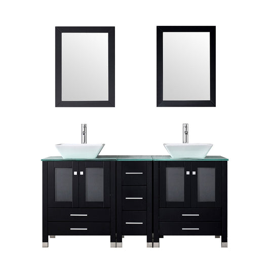 wonline 60" Black Double Wood Bathroom Vanity Cabinet and Square Ceramic Sink w/Mirror Combo Wash Basin with Faucet