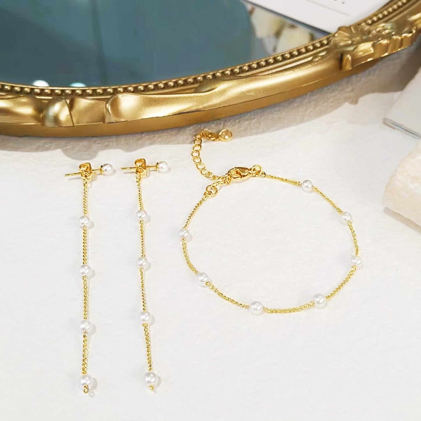 HERIER Gold Jewelry Set for Women Dainty 14K Gold Plated Layered Pearl Necklaces for Women Pearl Drop Earrings Bracelets Trendy Wedding Bride Jewelry Gift