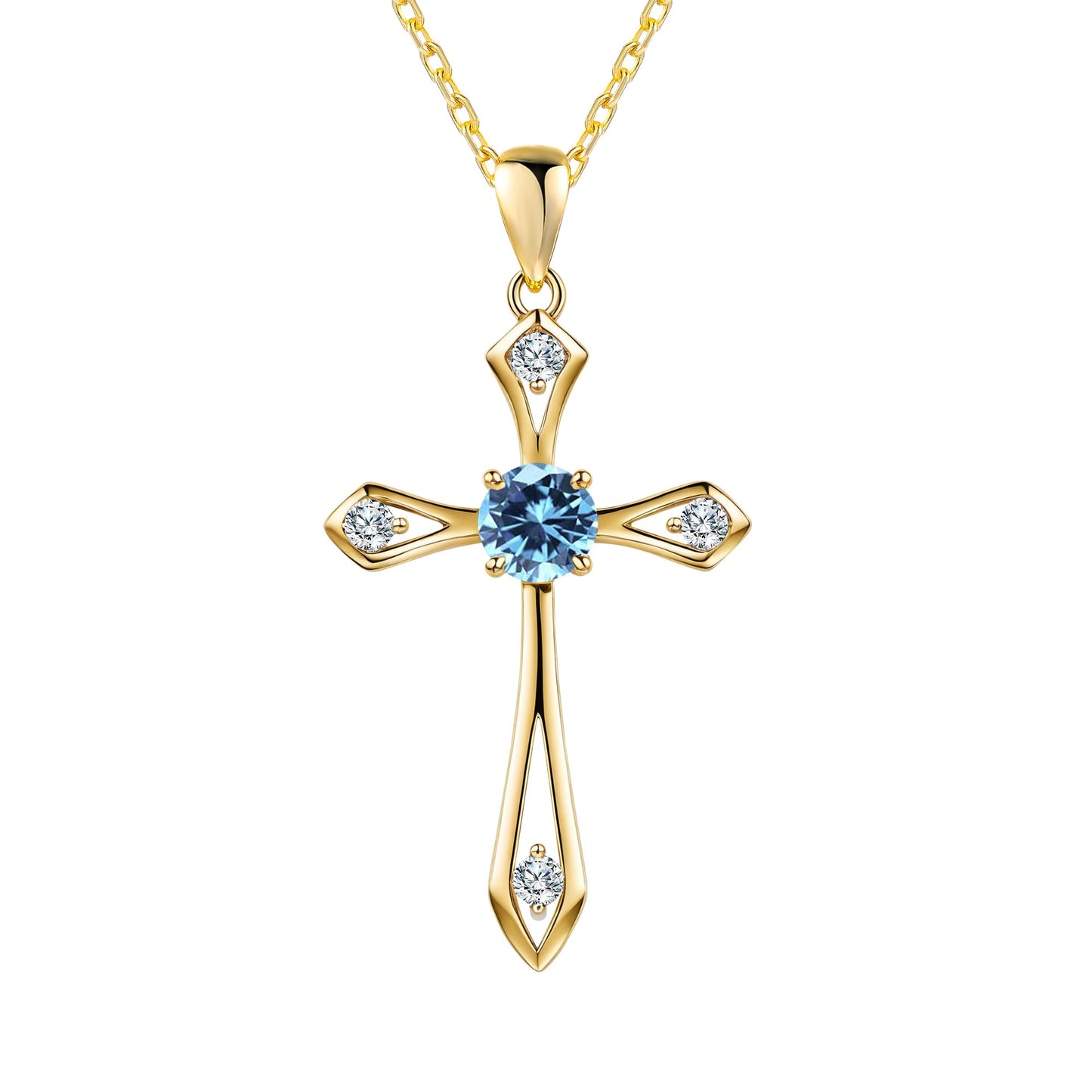 14K Gold Plated Solid Cross Necklace for Women,925 Sterling Silver Ladies Faith Cross Birthstone Pendant Christian Religious Confirmation Baptism Everyday Jewelry Anniversary Birthday Gifts for Her