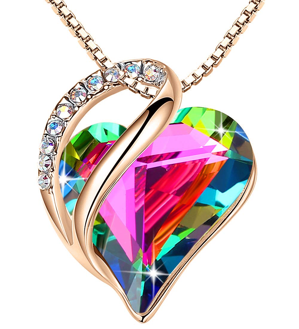 Leafael Gifts for Women Rose Gold Plated Necklaces: Heart Shaped Rainbow Black Healing Crystal, Cubic Zirconia, Hypoallergenic Chain (18"+2"), Jewelry for Anniversaries and Birthdays