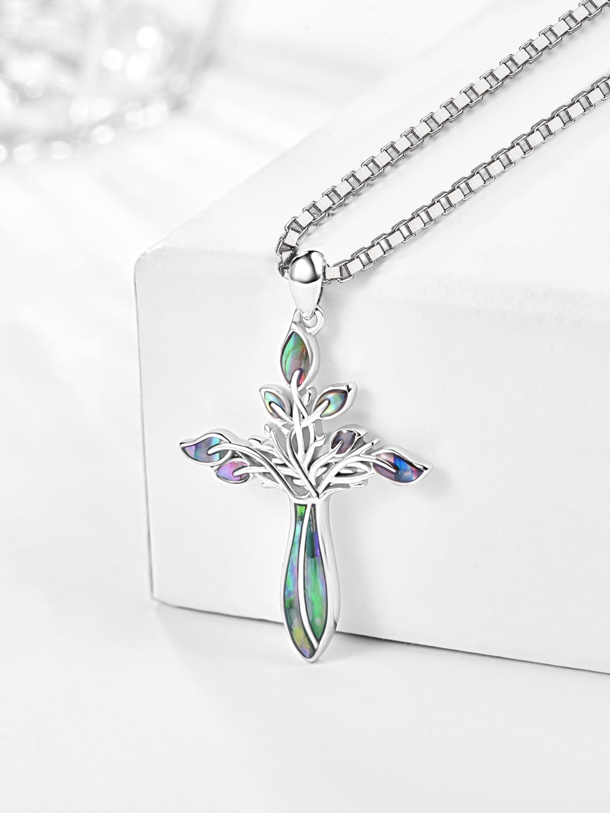 Dreamboat Cross Necklace for Women Sterling Silver Cross Pendant Tree of Life Necklace Abalone Shell Faith Confirmation Gifts Christian Religious Jewelry for Mom