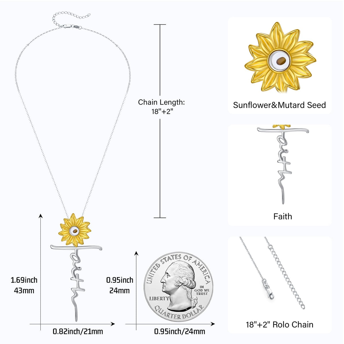 Suiknsn Mustard Seed Necklace 925 Sterling Silver Sunflower Faith Pendant Necklace Christian Jewelry Gifts for Women Girlfriend