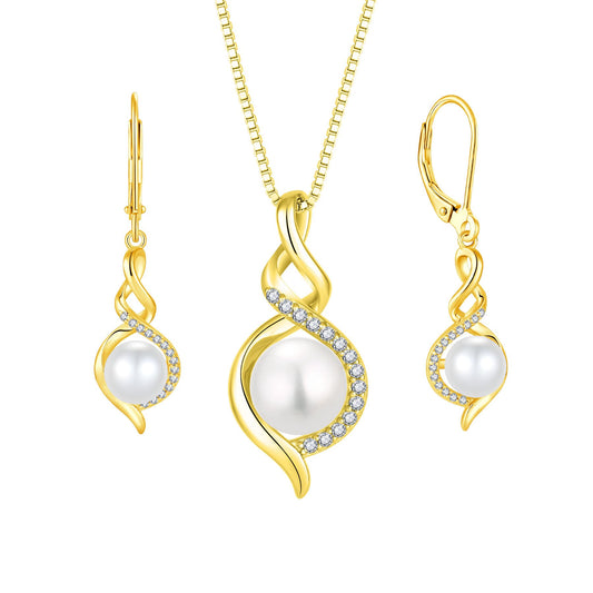 Rocayi Pearl 18K Yellow Gold Plated Infinity Earrings and Necklace Jewelry Set for Women