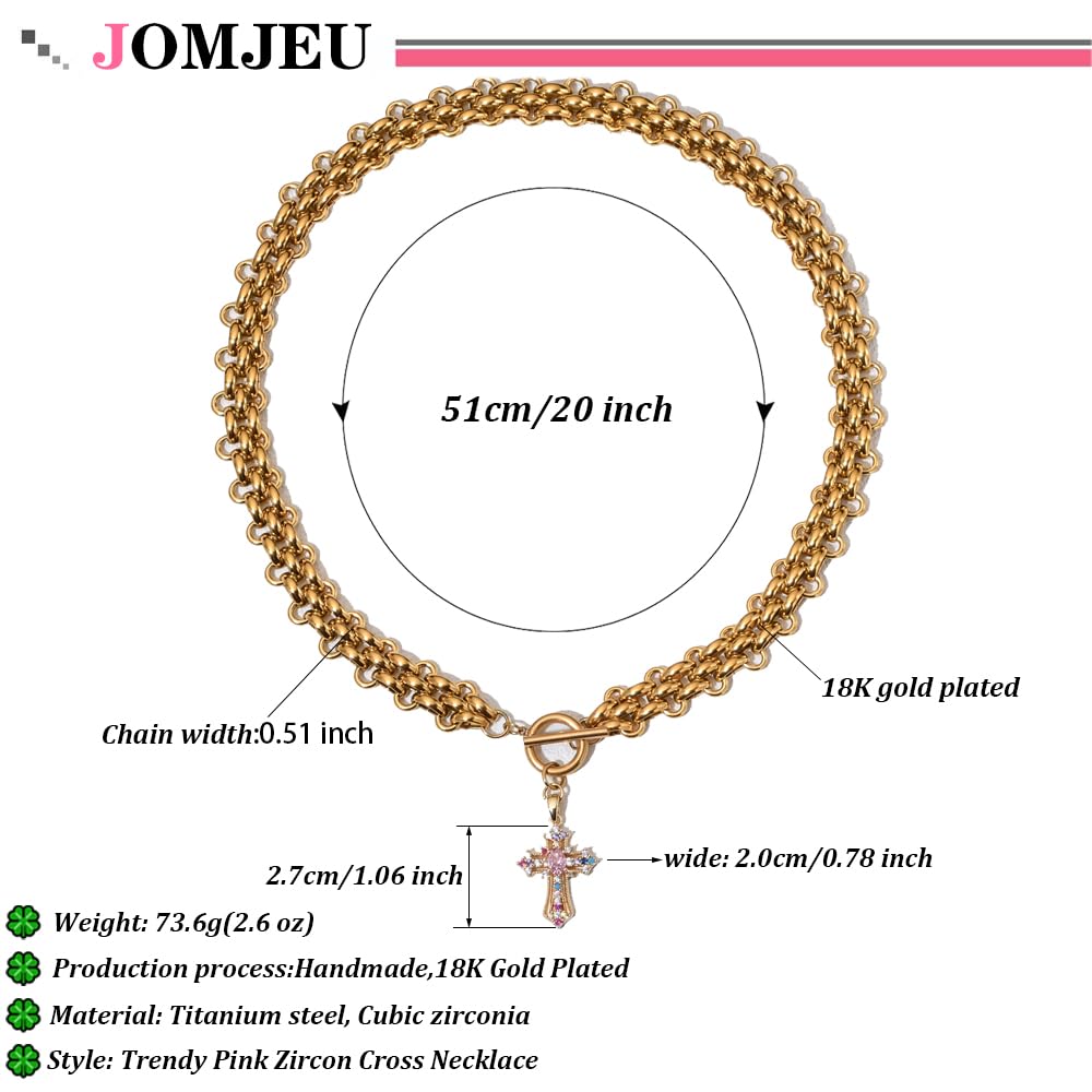 jomjeu Cross Necklace for Women Pink Zircon Necklaces 18K Gold Plated Stainless Steel Chain Pendant Necklace Classic Trendy Toggle Chunky Gold Necklaces Jewelry Gifts for Women