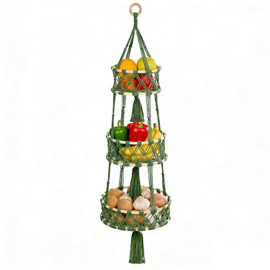 3 Tier Hanging Fruit Baskets for Kitchen, Macrame Plant Hanger Cotton Rope Handwoven Hammock Produce Storage Organizer Basket for Plants Holder, Vegetable, Onion, Potato (Green)