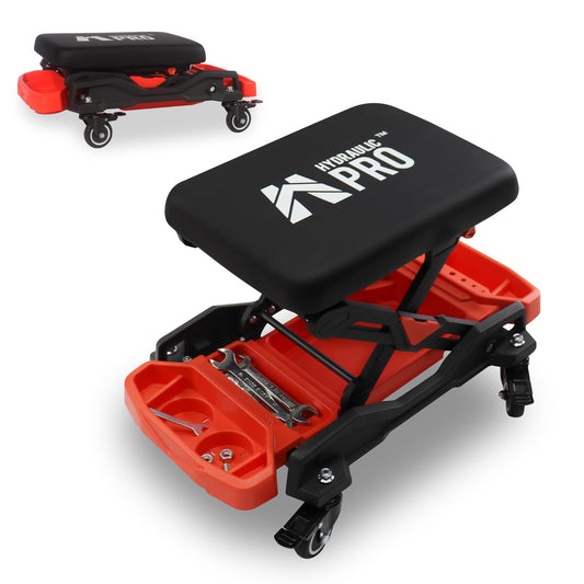 HYDRAULIC PRO Automotive Creeper Seat with Rolling Wheels, 300 LBS Capacity Mechanic Stool, Heavy Duty Garage Stool with Soft Padded Cushion and Tool Trays, Foldable Design for Easy Storage