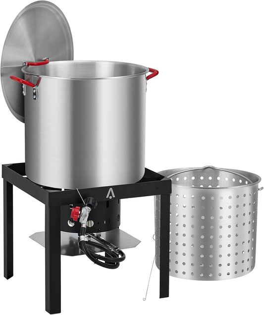 60-Quart Aluminum Seafood Boil Pot Kit with Steam/Boil Basket & Strainer, 110,000 BTU Propane Jet Burner & Lifting Hook, 10 PSI Regulator, Outdoor Crawfish, Shrimp, Crab Boiler and Fryer Combo