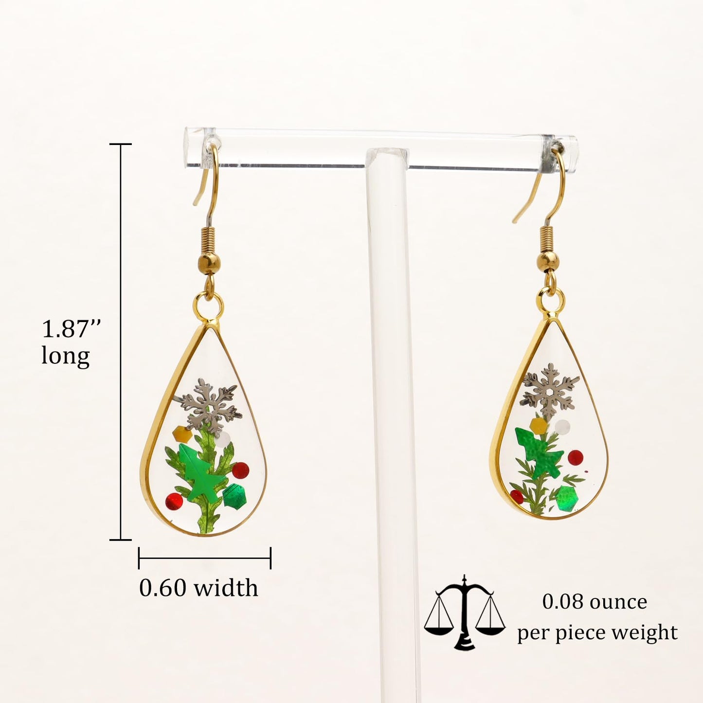 Jean Beau Handmade Pressed Leaf Earrings for Women, Unique Resin Snowflake Green Dried Leaves Gold Plated Teardrop Dangle Drop Nature Floral Earings Fashion Summer Christmas Jewelry Gift