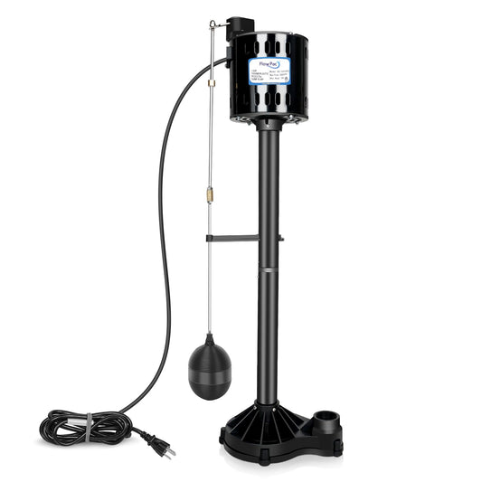 FLOWPAC Pedestal Sump Pump with Vertical Float Switch, Thermoplastic Pedestal, Stainless Steel Impeller, 1/3 HP, 45 GPM-Black