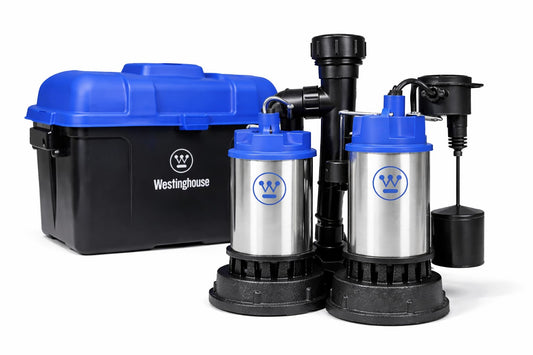Westinghouse Battery Backup Sump Pump System – 1/2 HP Dual Sump Pumps with Automatic Switchover, Stainless Steel Construction, Top Suction Design, Basement Flood Protection