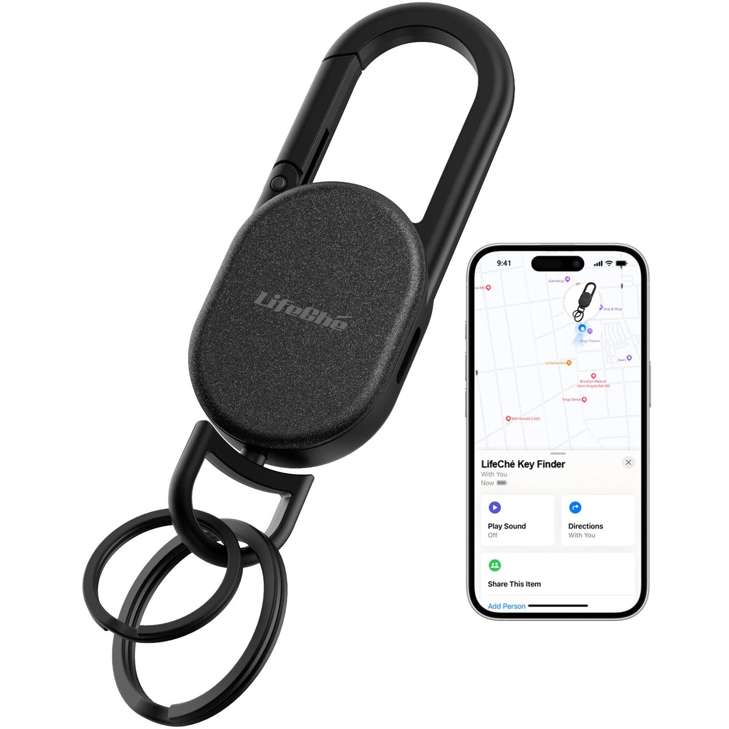 Keychain, Key Finder Built-in Anti-Loss Tracker, Heavy Duty Key Holder, Premium Stainless Steel Keychain Carabiner Car Key Chains with GPS Global Locator Tracking Waterproof (Black)