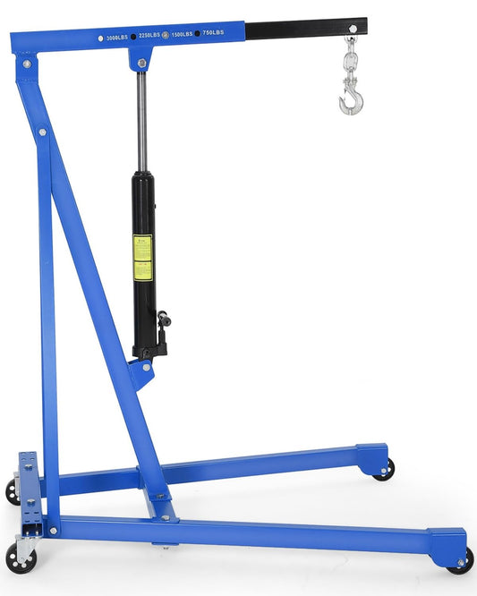 3000 LBS Portable Hydraulic Engine Hoist, 1.5-Ton Telescoping Boom Shop Crane with 4 Heavy-Duty Casters, Garage & Warehouse Cherry Picker for Automotive, Machinery, and Equipment Lifting, Blue