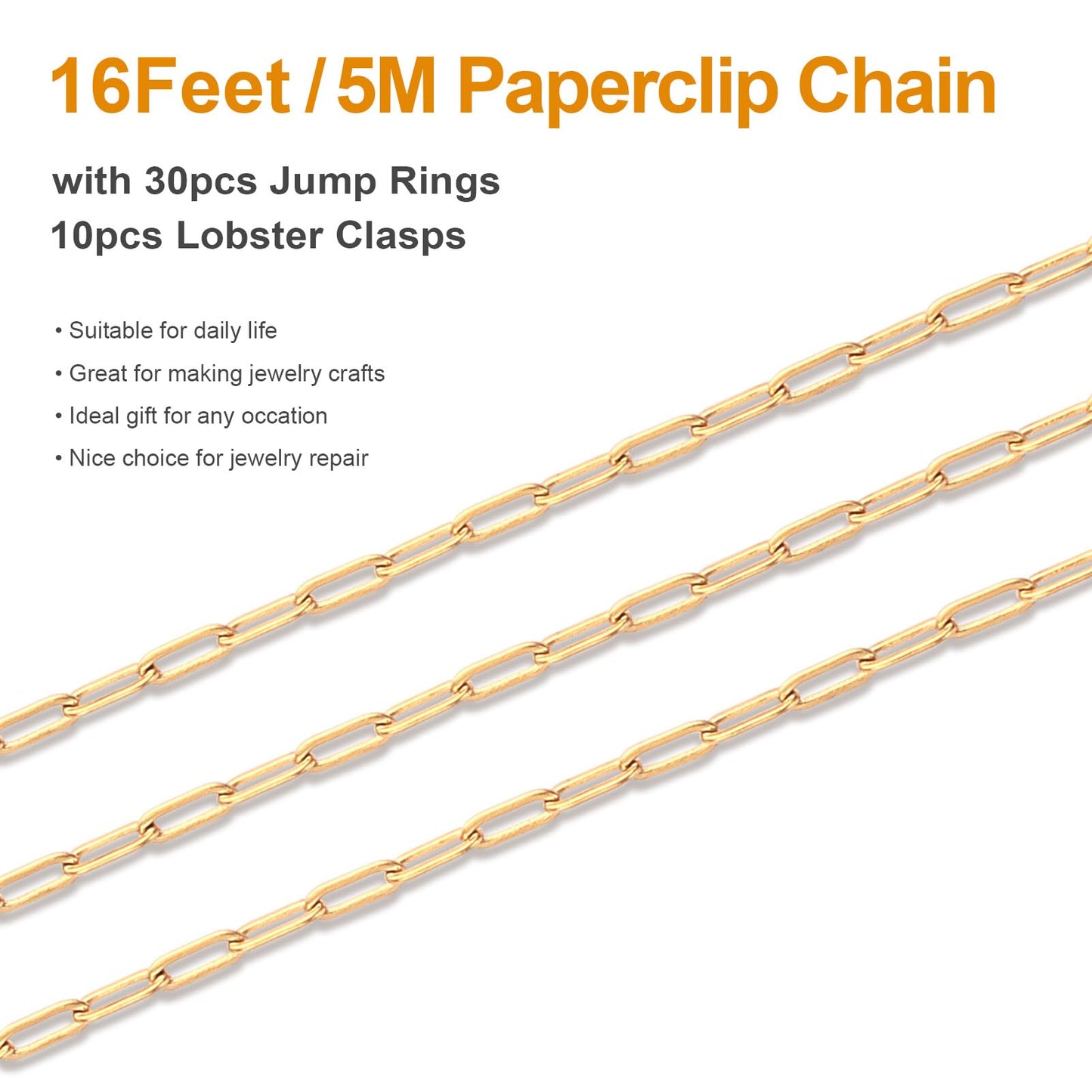 Kyutong 5M Gold PVD Plated Necklace Chain for Jewelry Making 304 Stainless Steel Paperclip Chain Roll with Lobster Clasps and Jump Rings for Men Women Making Jewelry Craft Support Jewelry Findings