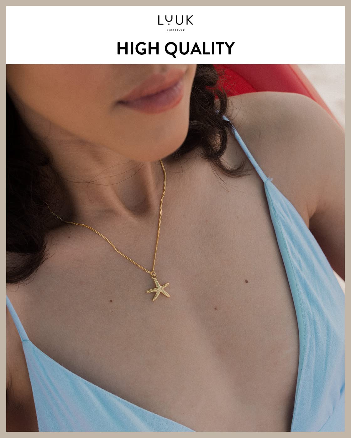 LUUK LIFESTYLE Necklace in 925 sterling silver with starfish pendant, with HAPPINESS gift card, summer and sea pattern, trendy and chic design, beach jewelry, travel charm, 19 inches, gold