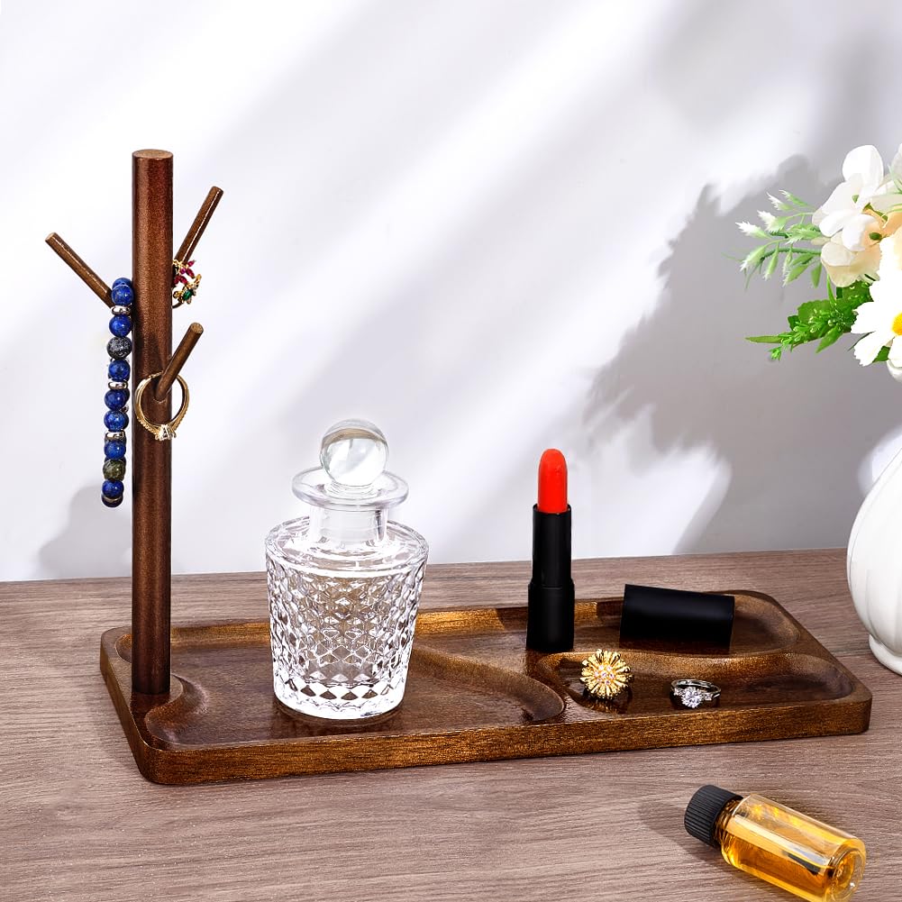 PH PandaHall Wood Key Tray for Entryway Table Key Holder Jewelry Tray for Home Decorations with Hanging Organizer Ring Bracelet Stand Tray for Watch Glasses Phone12.9x4.7x8.9 Inches, Brown