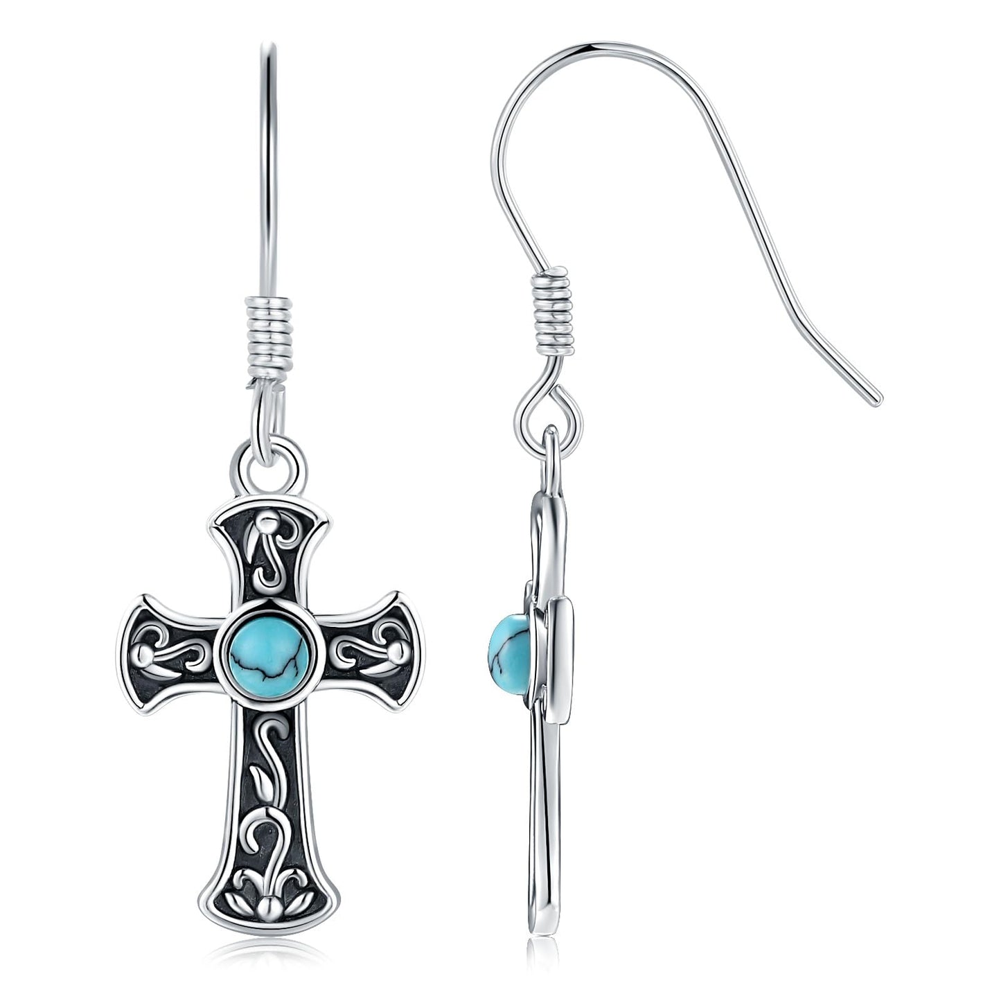 S925 Sterling Silver Turquoise Dragonfly Sunflower /Hummingbird/Butterfly/Cross/Anchor Earring Vintage Bohemian Jewelry Natural Drop/Stud Earrings Birthday Jewelry Gifts for Women (Cross Dangle Earrings)