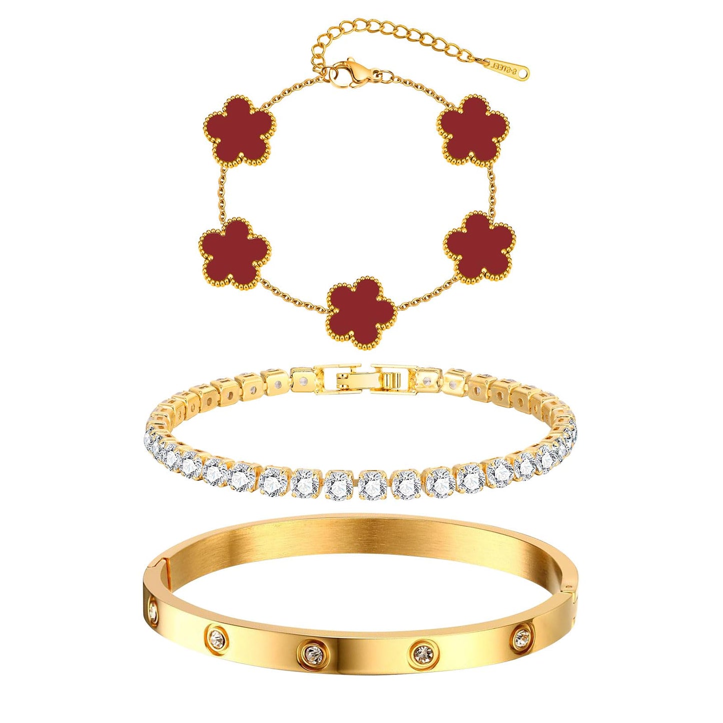 MPRAINBOW Womens Stackable Floral Bracelets, 3Pcs 18K Gold Plated Bracelet,Stainless Steel Bangle Chain Non Tarnish, Bracelet Set Trendy Jewelry,Christmas Valentines Birthday Gift for Girlfriend