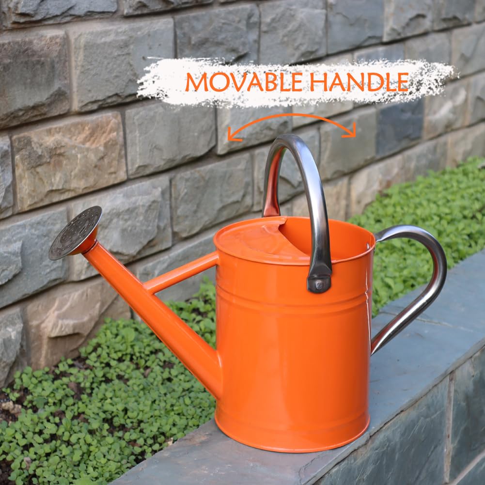 yourjoy Metal Watering Can, One Gallon Watering Cans Stainless Steel for Outdoor Indoor Garden Plants Watering (Stainless Steel Handle Orange)