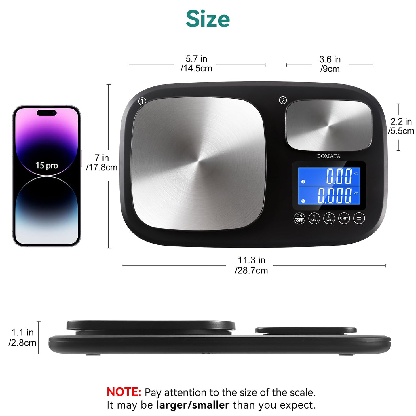 BOMATA 0.01g/500g & 1g/15kg Dual Platform Kitchen Scale with Two Precisions, Accumulation Function, Gram and Ounce, Digital Scale for Food, Baking, Yeast, Jewelry B614