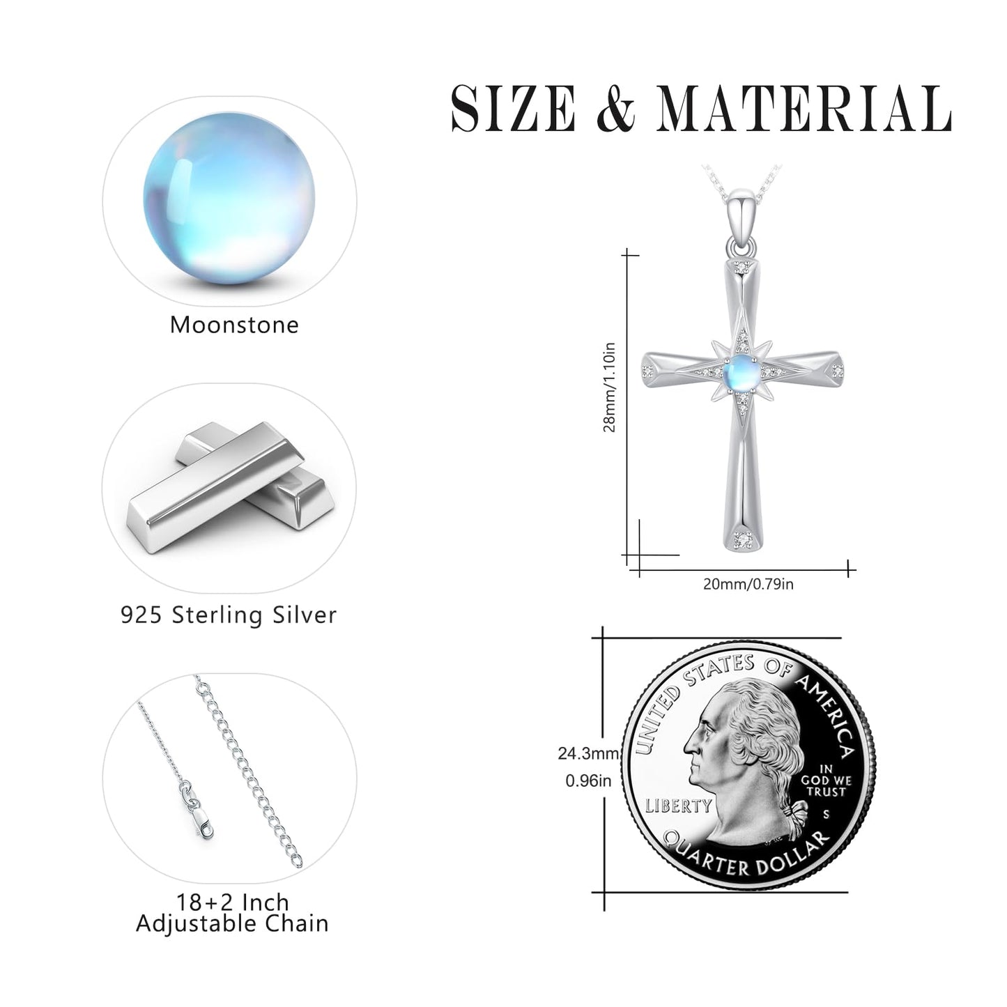 Silikepa Cross Necklace for Women 925 Sterling Silver Star Cross Pendant Necklace with Moonstone Christian Jewelry Gift for Women