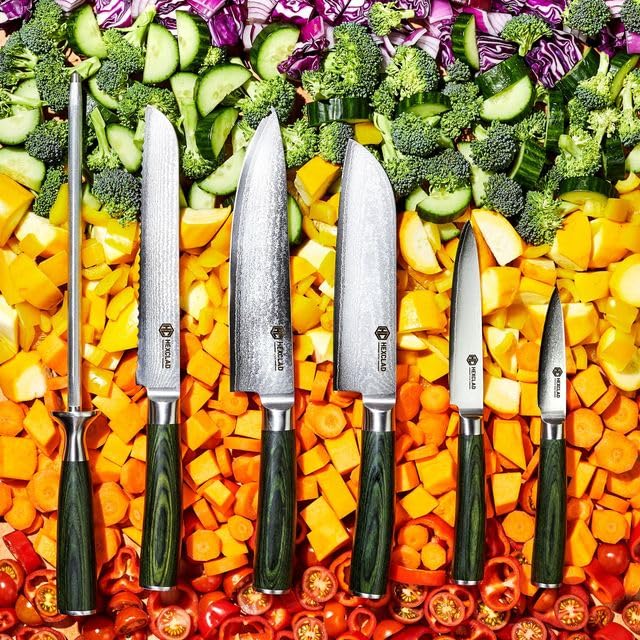 HexClad Essential Knife Set, 6-Piece, Japanese Damascus Stainless Steel Blades, Full Tang Construction, Pakkawood Handles