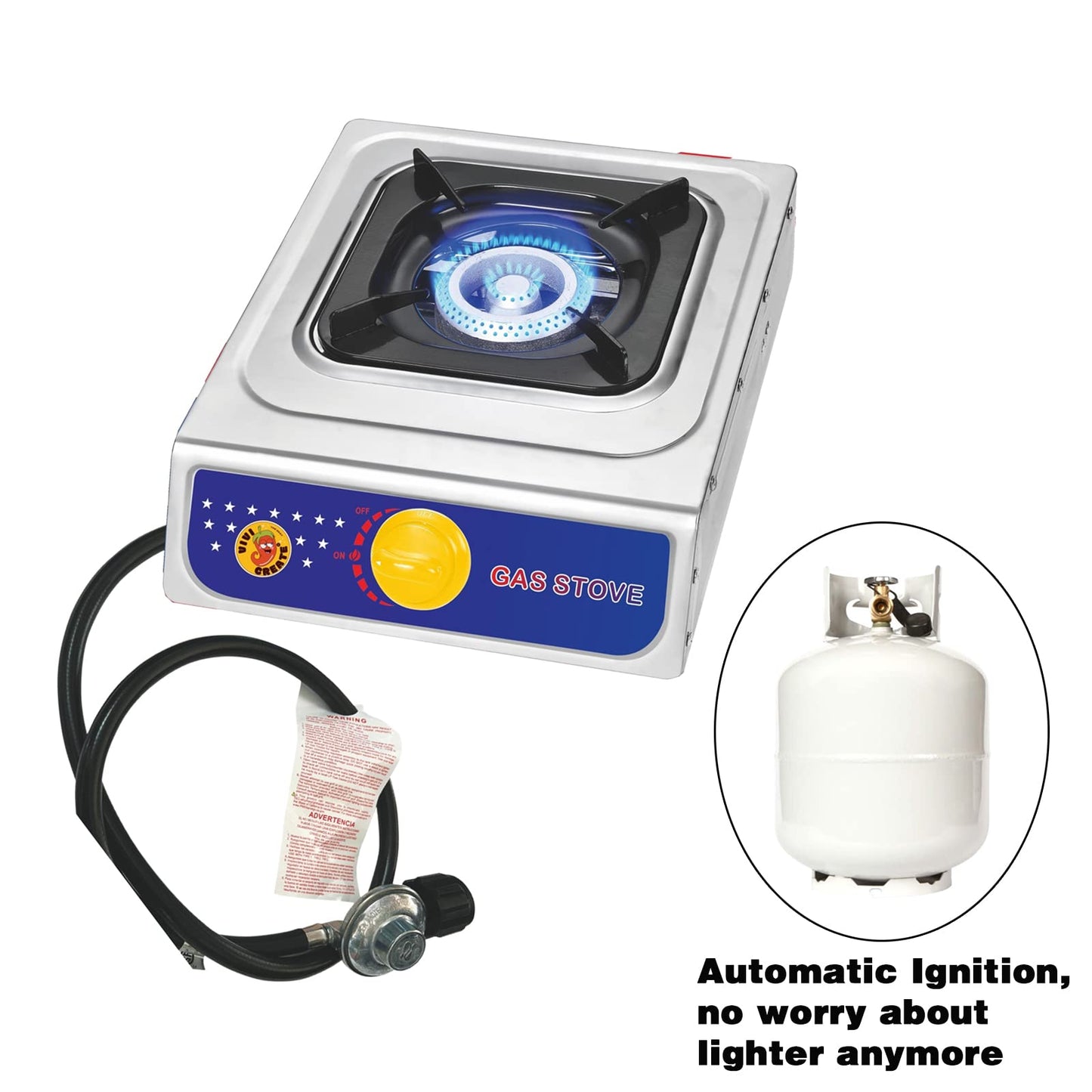 Vivicreate Propane Gas Stove 10000 BTU Single Burner Stainless Steel Cooktop Portable Outdoor Cooking with Regulator for Camping BBQ Patio Picnic