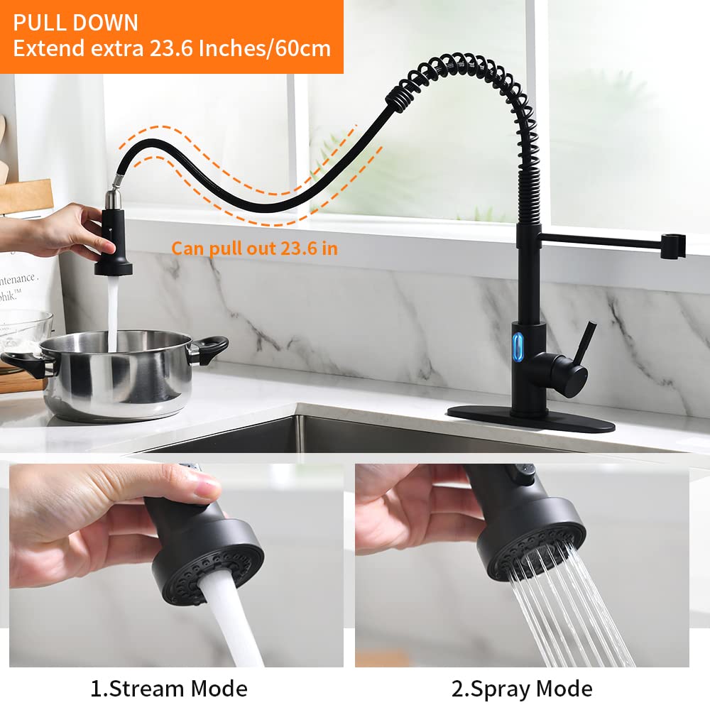 OWOFAN Touchless Kitchen Faucet with Pull Down Sprayer LED Light Single Handle Kitchen Sink Faucet Motion Sensor Smart Hands-Free Black