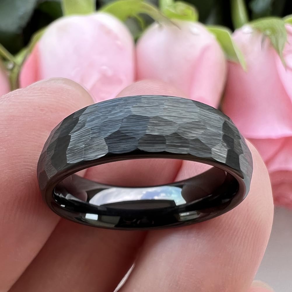 TUTISS 6mm Black Hammered Tungsten Rings for Men Women Fashion Engagement Wedding Bands Domed Matte Finish Comfort Fit Size 9