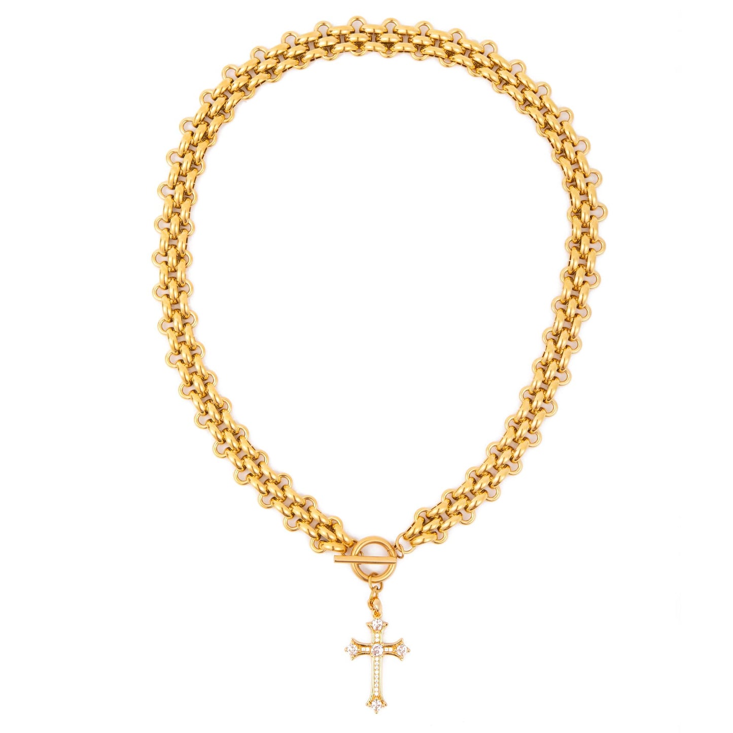 jomjeu Cross Necklace for Women Chunky Gold Necklaces 18K Gold Plated Stainless Steel Chain Pendant Necklace Classic Trendy Toggle Thick Gold Necklaces Jewelry Gifts for Women