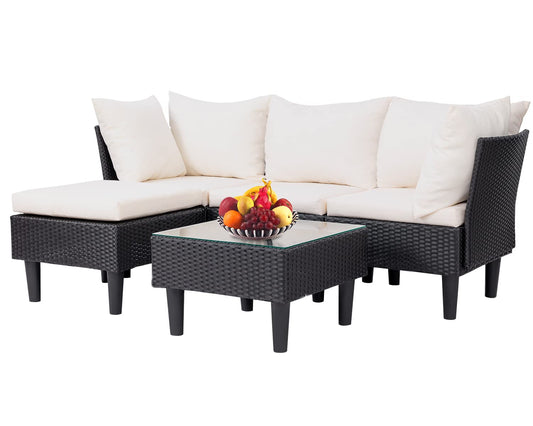 5 Pieces Patio Furniture Sets Outdoor Sectional Sofa Rattan Chair Wicker Conversation Set for Outdoor Backyard Porch Poolside Balcony Garden Furniture with Coffee Table,Khaki Cushion