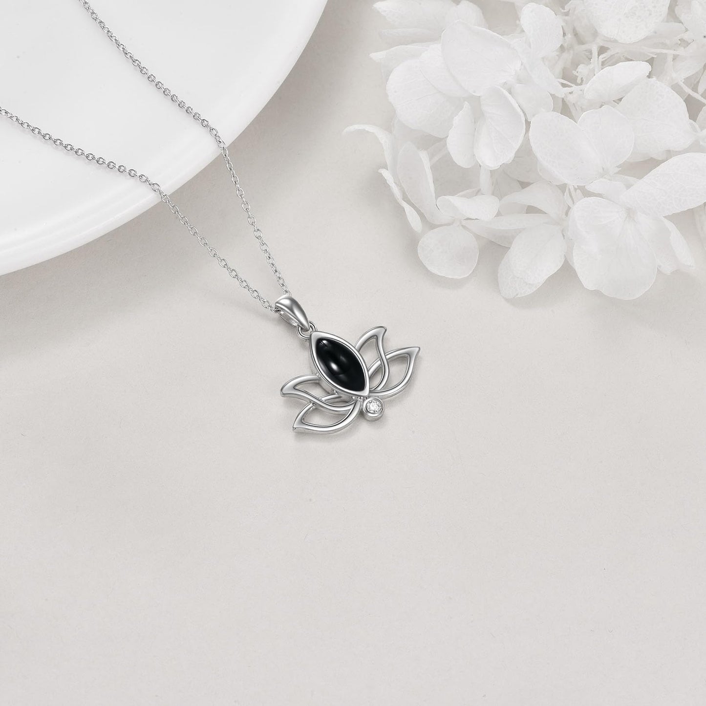 YFN Lotus Flower Necklace Sterling Silver Black Agate Lotus Pendant Lotus Jewelry Gifts for Women