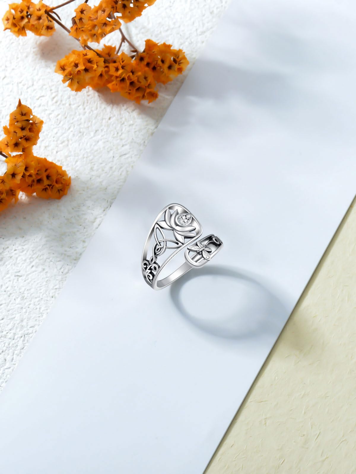 Midari White Lotus Spoon Rings for Women Sterling Silver Adjustable Lotus Flower Finger Ring Thumb Rings with Lotus Jewelry for Women Yoga Lovers Birthday Christmas Gifts (Customization)
