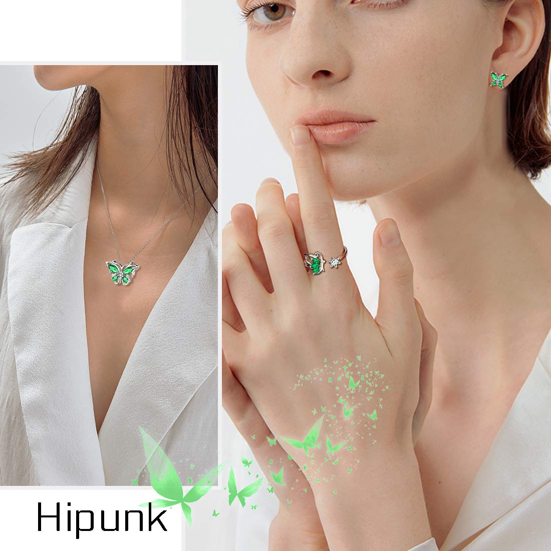 Hipunk Butterfly Green Jewelry Sets Birthstone Women 925 Sterling Silver May-Emerald Birth Stone Animal Butterflies Jewelry Sets/Earring/Ring Set Crystal Birthday Jewelry SS0002G