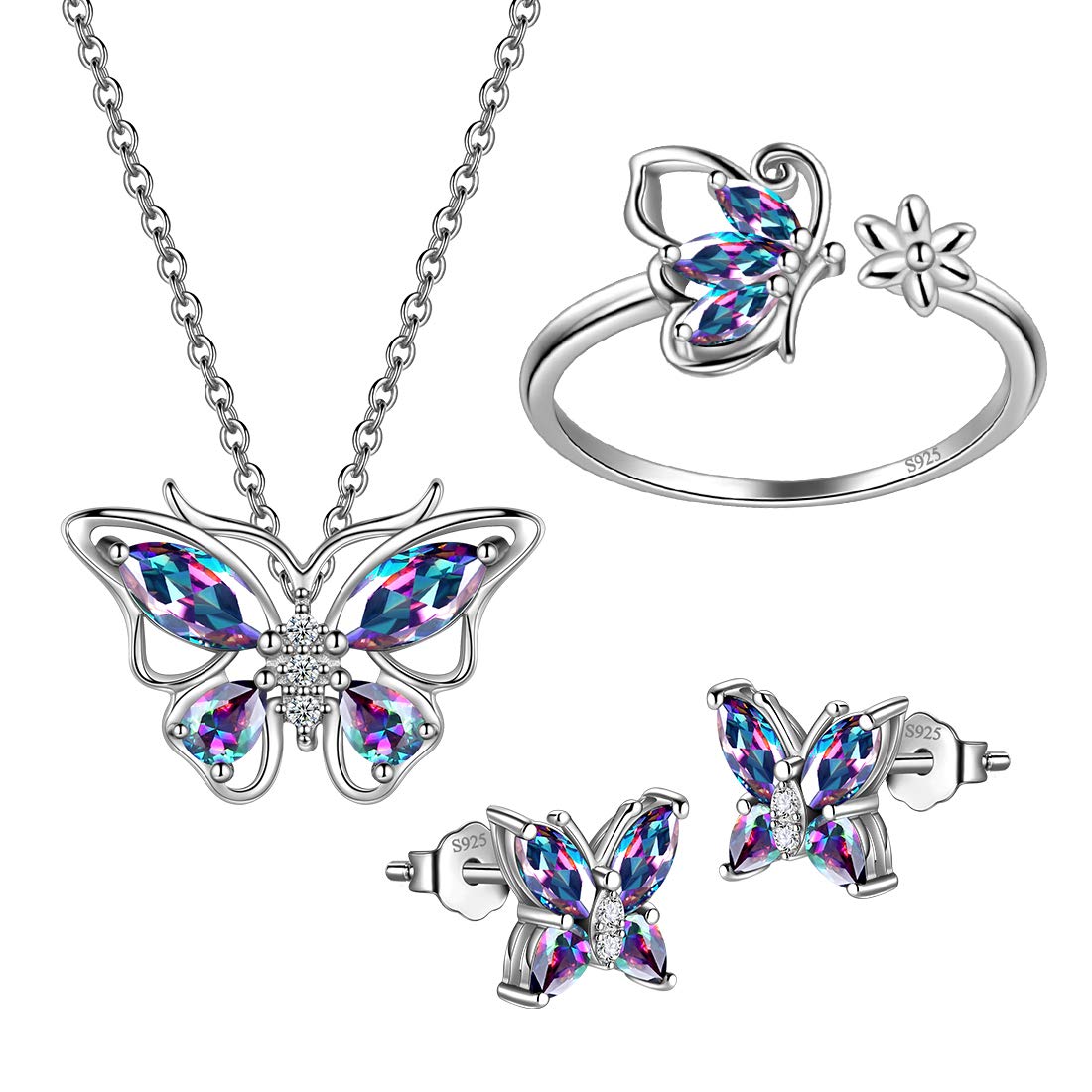 Hipunk Butterfly Mystic-Rainbow-Topaz Jewelry Sets Birthstone Women 925 Sterling Silver Fire-Topaz Birth Stone Animal Butterflies Jewelry Sets/Earring/Ring Set Crystal Birthday Jewelry SS0002C