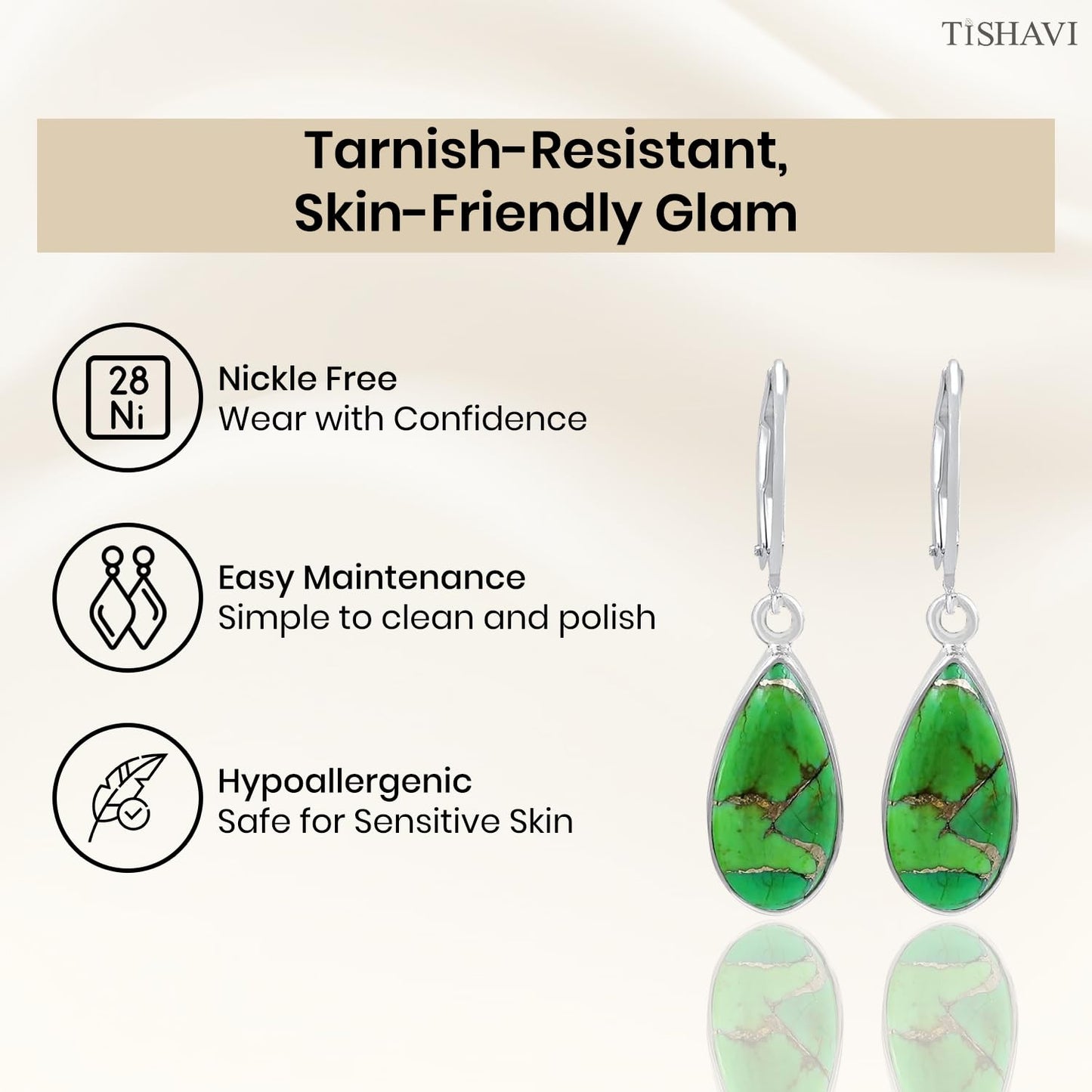 Tishavi Natural 9.35Cts Sterling Silver Green Copper Turquoise Earrings For Women, Green Stone Sterling Silver 925 December Birthstone Earrings Jewelry Gift For Mom Wife Sister