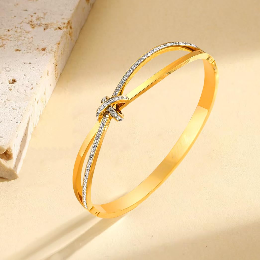 18K Gold Plated Bow Bangle Bracelet for Women Personalized Cubic Zirconia Stainless Steel Cross Bracelets Oval Butterfly Knot Bangles Bracelets Gifts for Love, Small