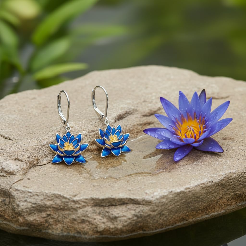 HKPATOP Lotus Earrings for Women 925 Sterling Silver Blue Lotus Flower Dangle Earrings Leverback Blue Flower Jewelry Gifts