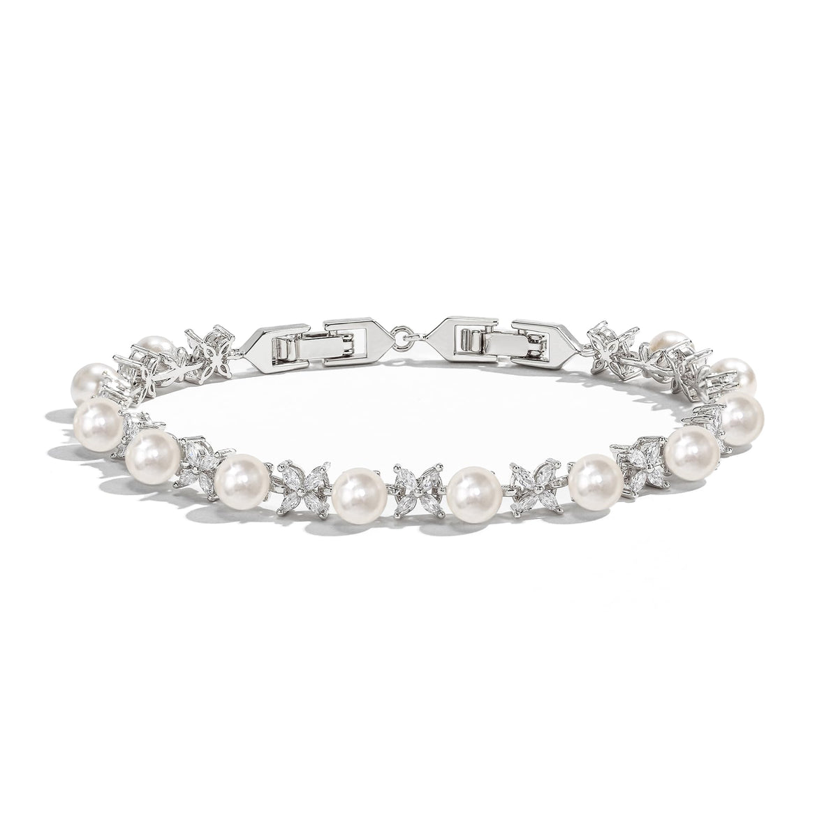EVER FAITH Wedding Jewelry for Bride White Marquise Cubic Zirconia Cream Faux Pearl Floral Bridal Prom Tennis Bracelet for Women Clear Silver-Plated-Brass