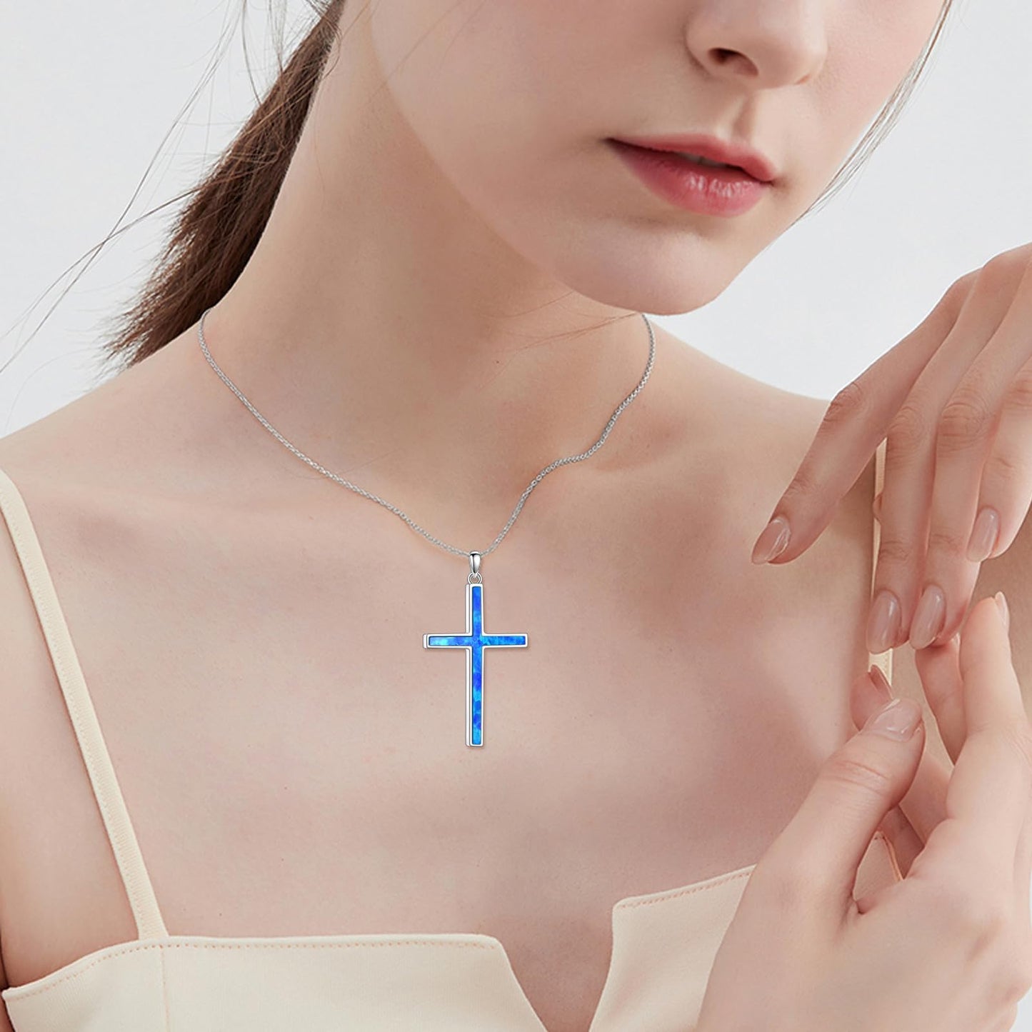 YFN I Can Do All Things Cross Necklace Sterling Silver Blue Opal Cross Pendant Thin Cross Jewelry Gifts for Women Men