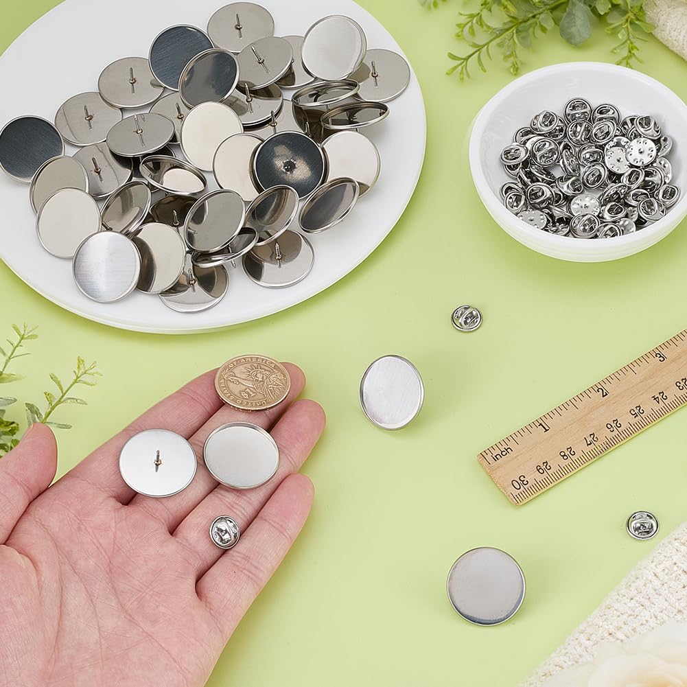 FINGERINSPIRE 60Sets Stainless Steel Color Brooch Base Butterfly Pin Backs DIY Blank Brooch Making Kit 304 Stainless Steel Material 25mm in Diameter Flat Round Tray for Craft Jewelry Projects