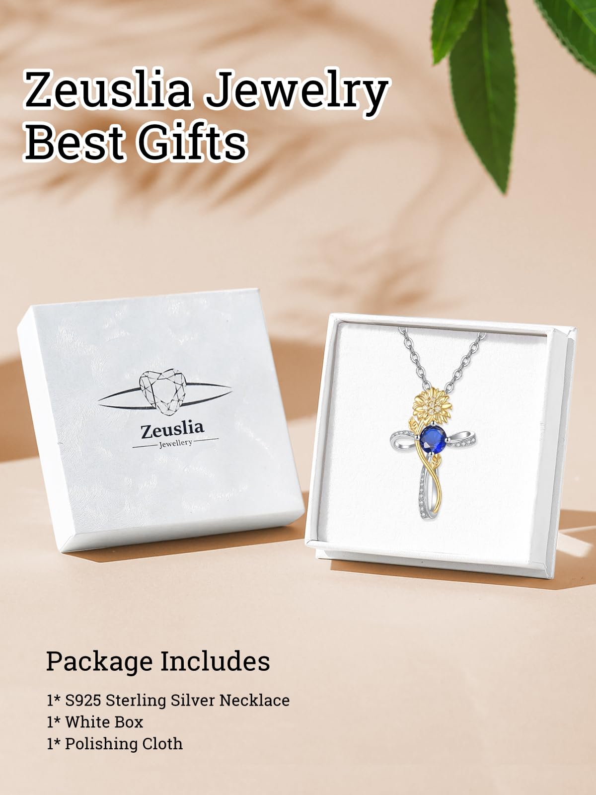Cross Necklace for Women Sterling Silver Cross Pendant Jewelry with Sunflower Sapphire September Birthstone Necklace Christian Religious Baptism First Communion Confirmation Birthday Gifts for Women