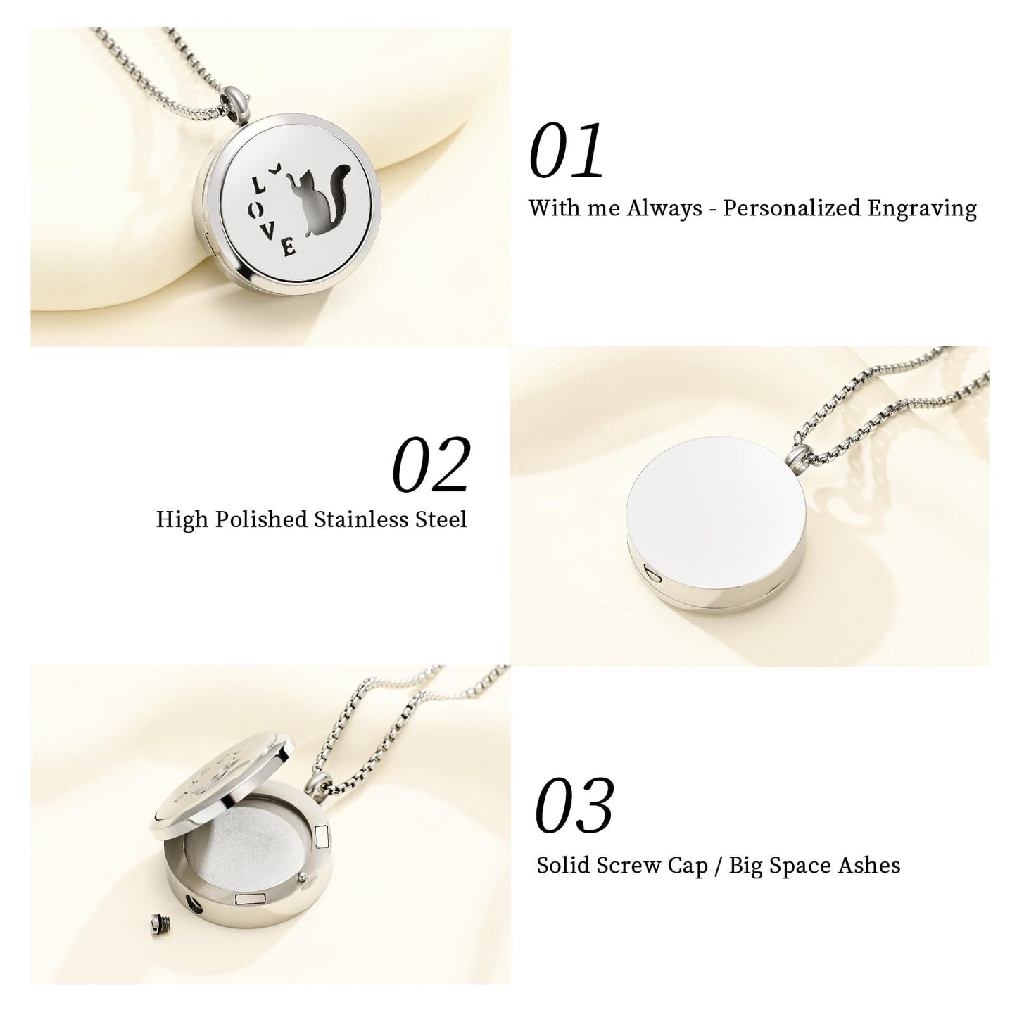 Minicremation Stainless Steel Paw Print Round Perfume Essential Oil Diffuser Pendant Necklace Women Aromatherapy Essential Oil Diffuser Locket Pendant Necklace, with Refill Pads (Customize-Image)