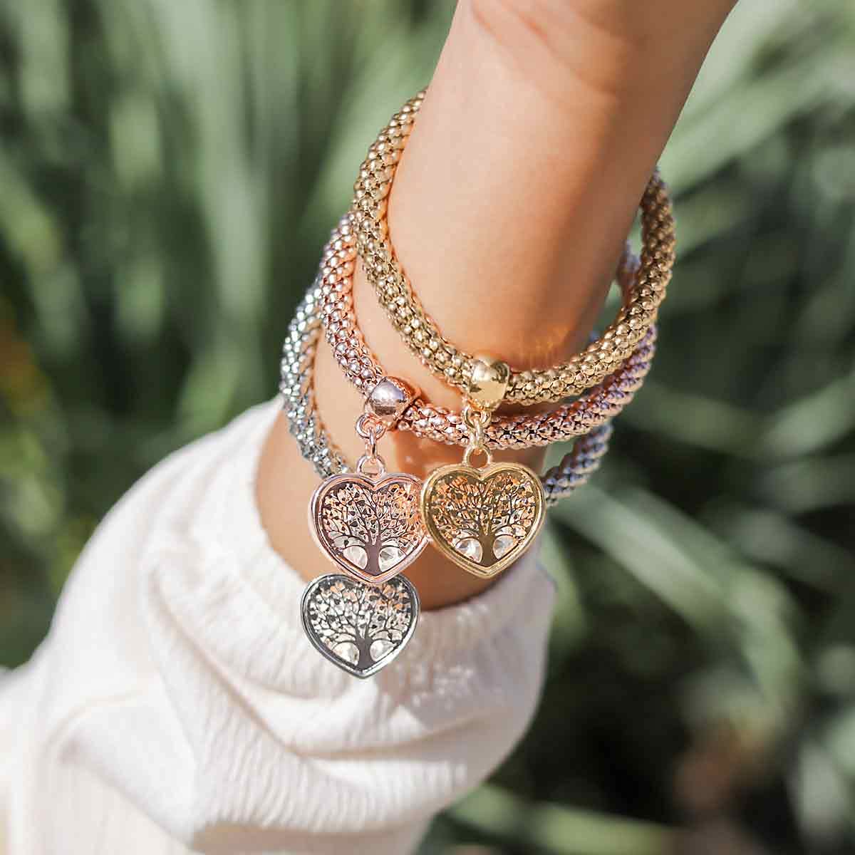SILANER Crystal Charms Multilayer Bracelets - 3PCS Gold/Silver/Rose Gold Corn Chain Bracelet for Women, Tree of Life Heart Shaped Stretch Bracelet(TREE OF LIFE HEART EDITION CHARM)