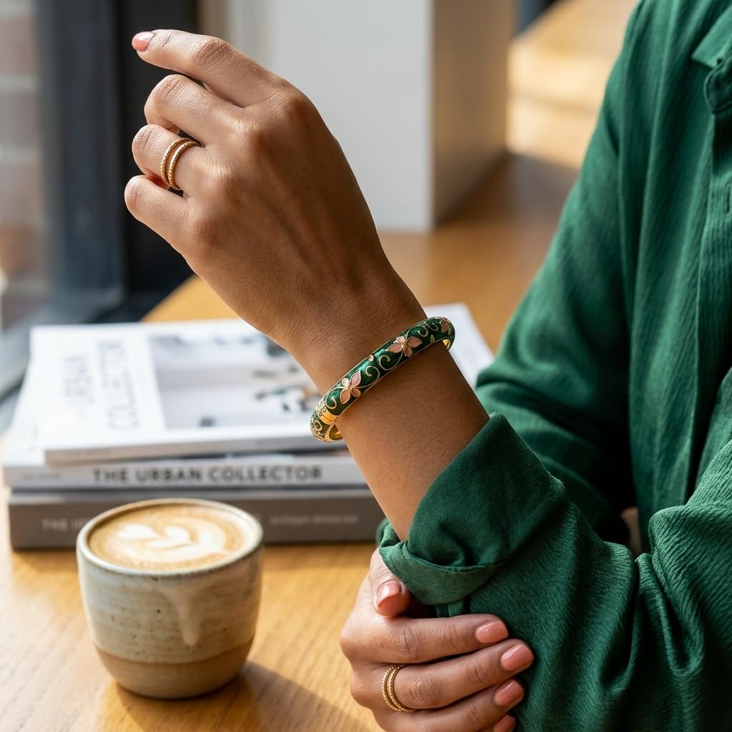 MQCEHTI Vintage Flower Cloisonne Bangle Bracelet for Women, Enamel Chunky Gold Plated Bracelets Jewelry Gifts (Dark Green Pink Flower)