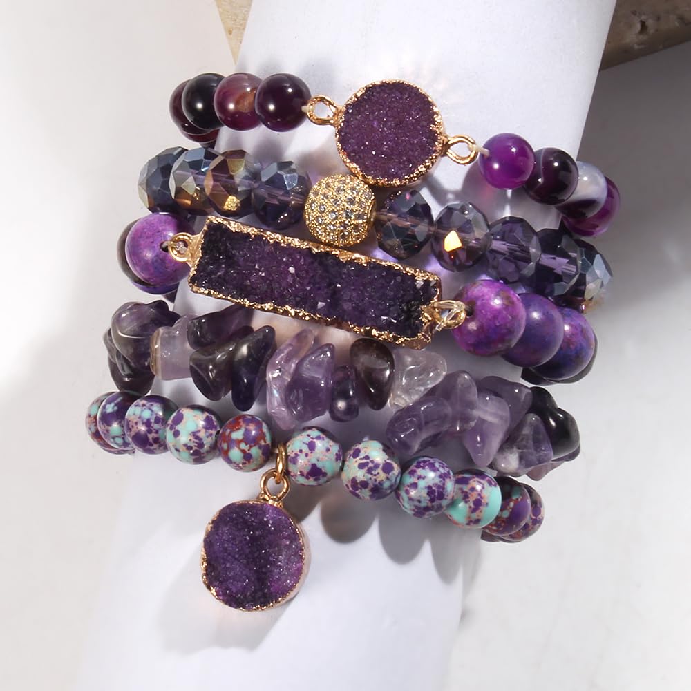 Yomisa 5PCS Natural Boho Beaded Bracelets for Women Men,Healing Turquoise Jasper Agate Crystal Gemstone Stone Diamond Chakra Multilayer Wrap Bohemian Handmade Jewelry Beads Stretch Bracelet Set