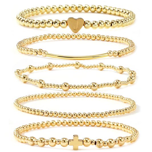 14K Gold Cross Beaded Initial Bracelet Stack for Women,Dainty Stretch Gold Plated Letter “J” Stackable Bracelets Bohemian Layered Prom Party Accessories Jewelry Gift Friendship